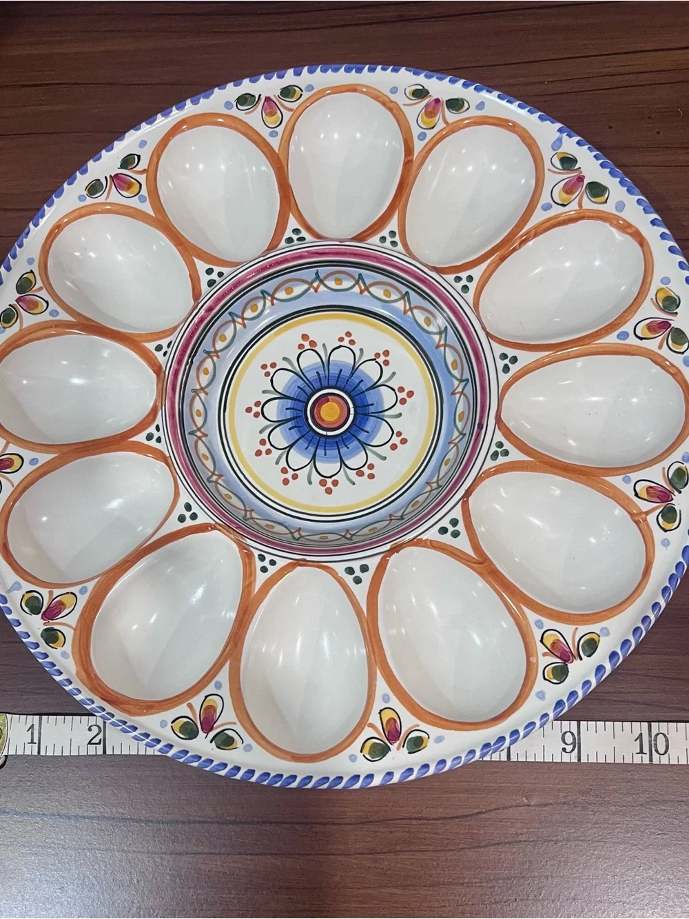 De La Cal Puente Spain Hand-Painted Ceramic Deviled Egg Platter | 12 eggs